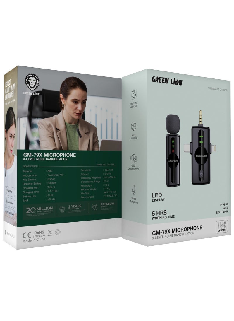 GM-79X Single Microphone with 3-Level Noise Cancelation / LED Display / Real Time Monitoring/ Ultra Low Delay / 360 degree Omnidirectional / Type-C / AUX / Lightning - Black