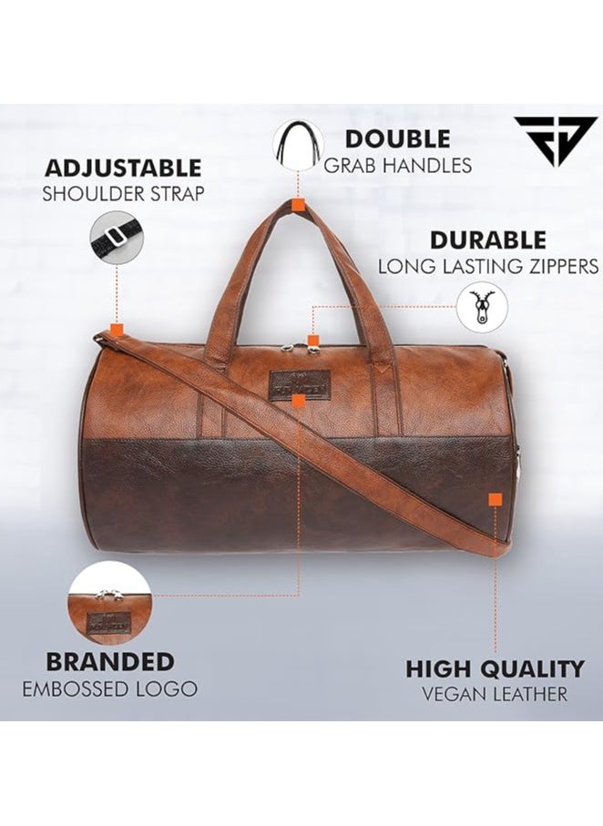 Fur Jaden Tan Leatherette Gym Bag for Men Women Boys Girls Travel Duffle Weekender Bag 23L