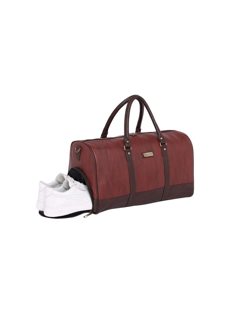 Fur Jaden Eco Conscious Vegan Leather Sustainable Duffle Bag 40L Travel Weekender Cabin Bag with External Shoe Compartment (Tan)