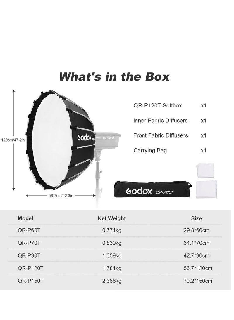 Godox QR-P120T Quick Release Parabolic Softbox with Bowens Mount – 120cm