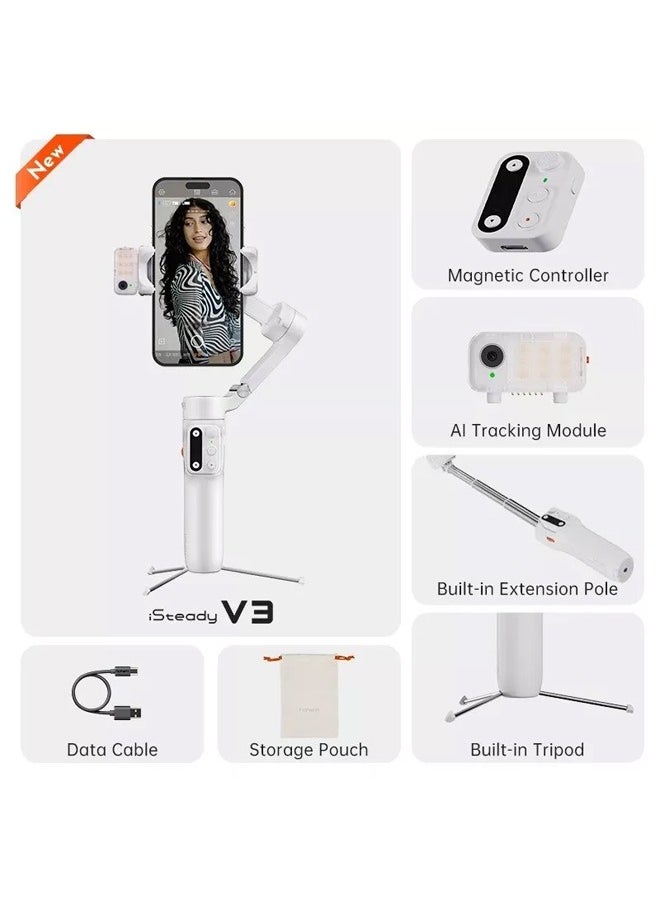 Hohem iSteady V3 Gimbal Stabilizer for Smartphone, 3-Axis Stabilization with AI Tracker, Detachable Remote Control, Built-in Extension Pole and Tripod, Portable and Foldable, Video Recording, White