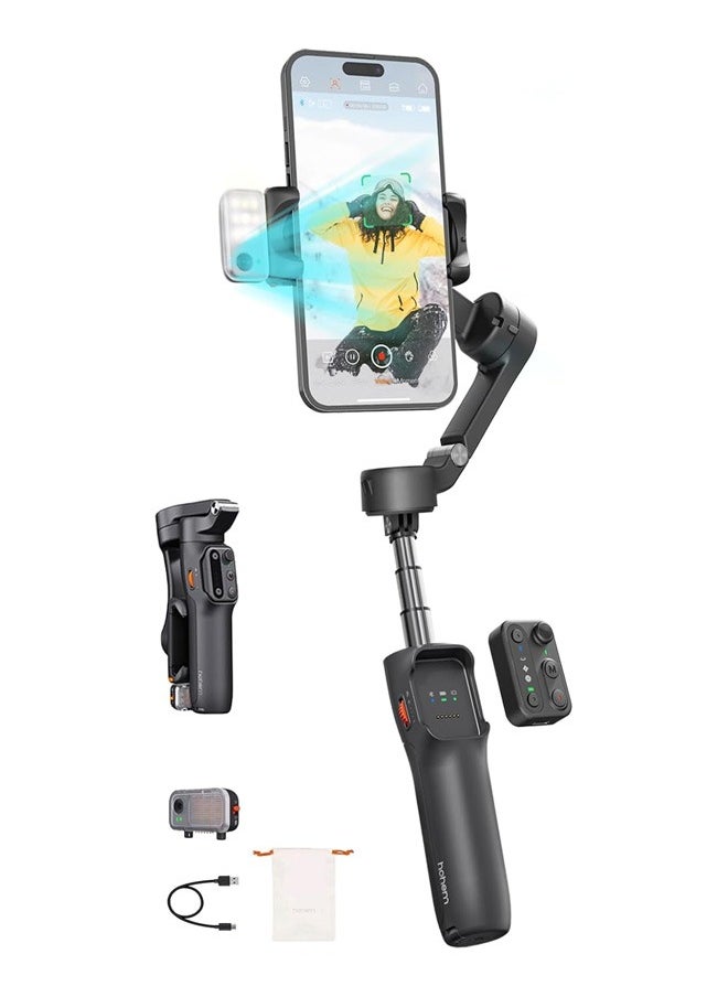 hohem iSteady V3 Gimbal Stabilizer for Smartphone, AI Tracker Fill Light,Detached Remote,Built-in Tripod Extension Rod,2024 Upgraded 3-Axis Phone Gimbal Foldable Stabilizer for iPhone Android(Black)