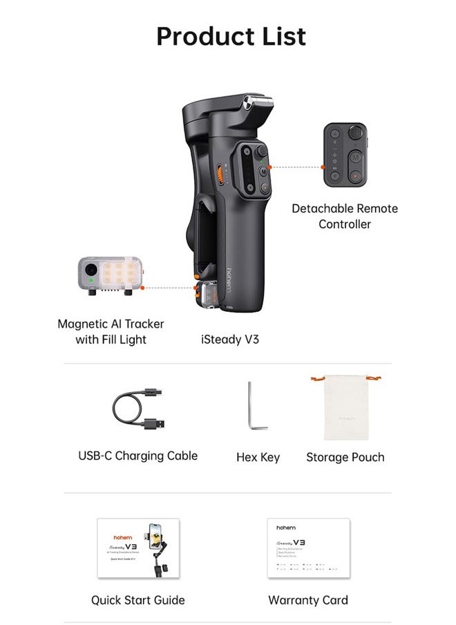 hohem iSteady V3 Gimbal Stabilizer for Smartphone, AI Tracker Fill Light,Detached Remote,Built-in Tripod Extension Rod,2024 Upgraded 3-Axis Phone Gimbal Foldable Stabilizer for iPhone Android(Black)