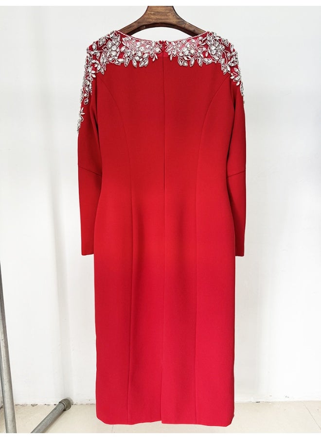 Red Fashion Mesh Beaded Midi Dress with Rhinestones