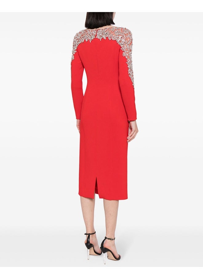 Red Fashion Mesh Beaded Midi Dress with Rhinestones