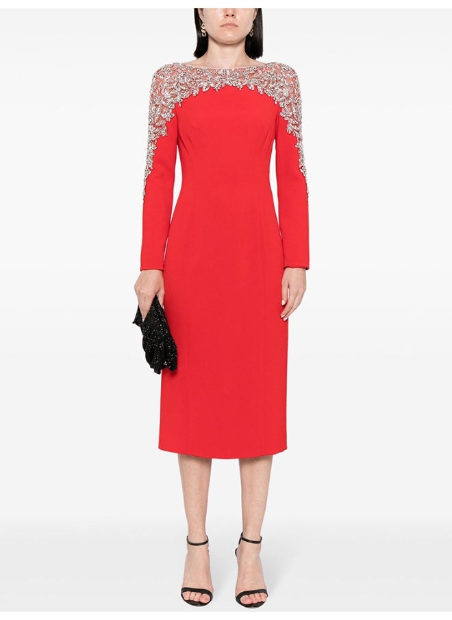 Red Fashion Mesh Beaded Midi Dress with Rhinestones