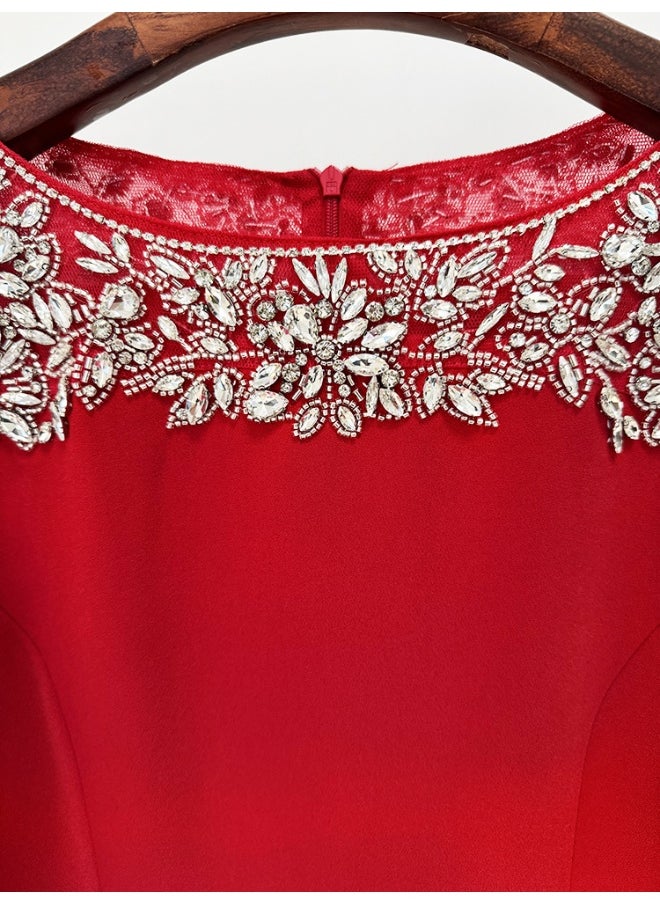 Red Fashion Mesh Beaded Midi Dress with Rhinestones