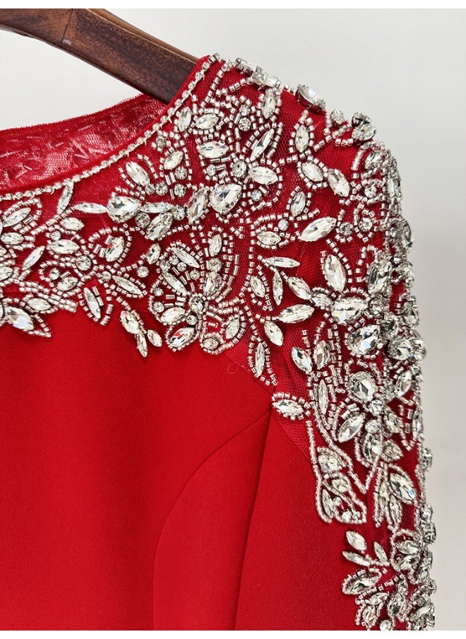 Red Fashion Mesh Beaded Midi Dress with Rhinestones