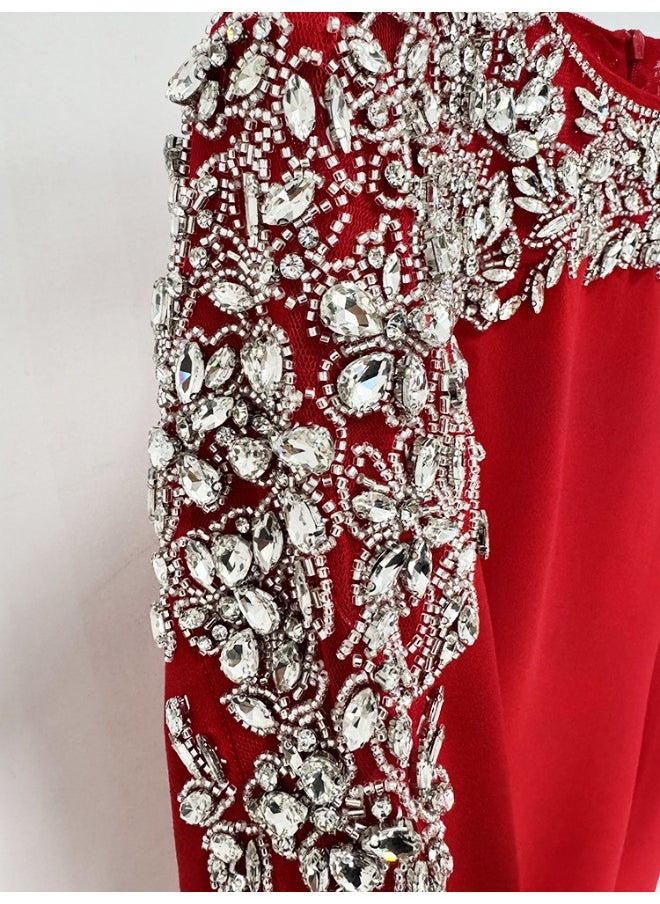 Red Fashion Mesh Beaded Midi Dress with Rhinestones