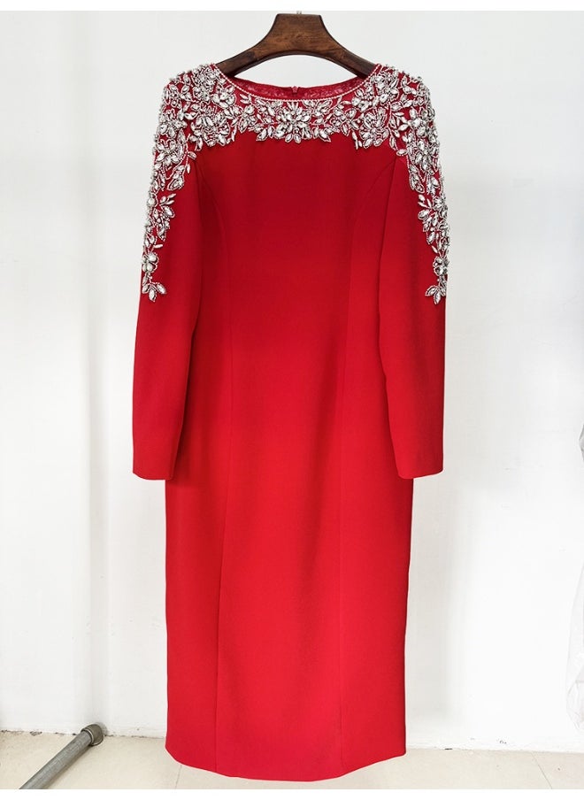 Red Fashion Mesh Beaded Midi Dress with Rhinestones