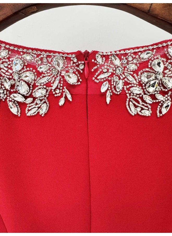 Red Fashion Mesh Beaded Midi Dress with Rhinestones
