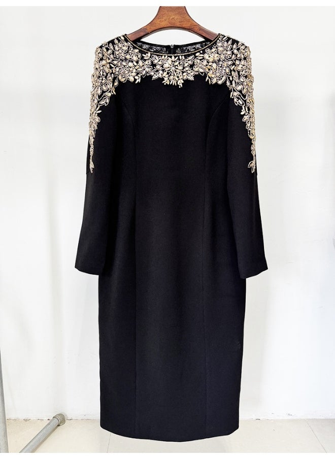 Black Fashionable Mesh Stitching Beaded and Rhinestone Dress - Mid-Length Cocktail Dress