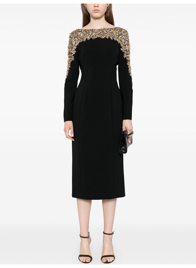 Black Fashionable Mesh Stitching Beaded and Rhinestone Dress - Mid-Length Cocktail Dress