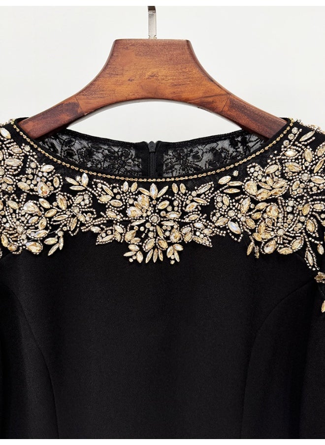 Black Fashionable Mesh Stitching Beaded and Rhinestone Dress - Mid-Length Cocktail Dress