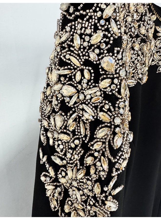 Black Fashionable Mesh Stitching Beaded and Rhinestone Dress - Mid-Length Cocktail Dress