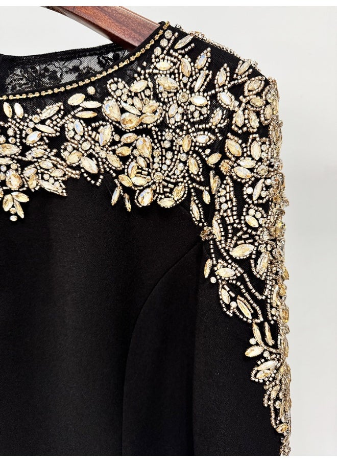 Black Fashionable Mesh Stitching Beaded and Rhinestone Dress - Mid-Length Cocktail Dress