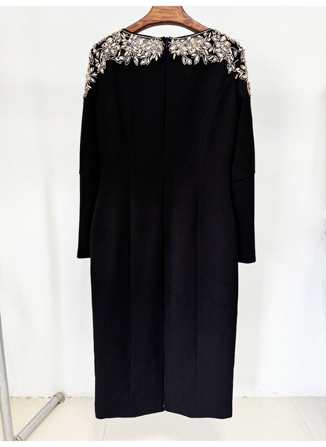Black Fashionable Mesh Stitching Beaded and Rhinestone Dress - Mid-Length Cocktail Dress