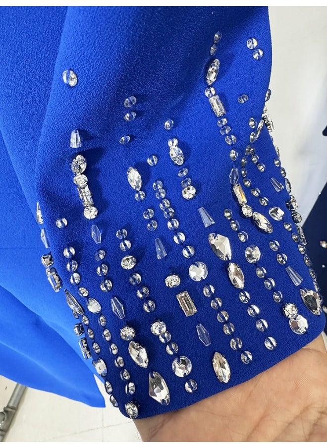 New Blue Beaded Rhinestone Embellished Knee-Length V-Neck Dress with Half Sleeves