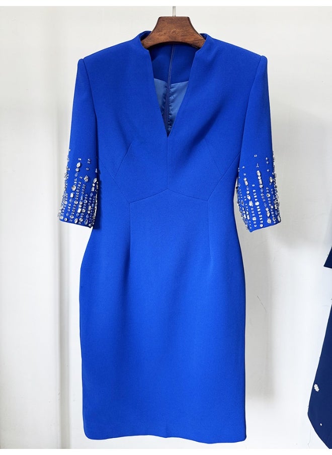New Blue Beaded Rhinestone Embellished Knee-Length V-Neck Dress with Half Sleeves
