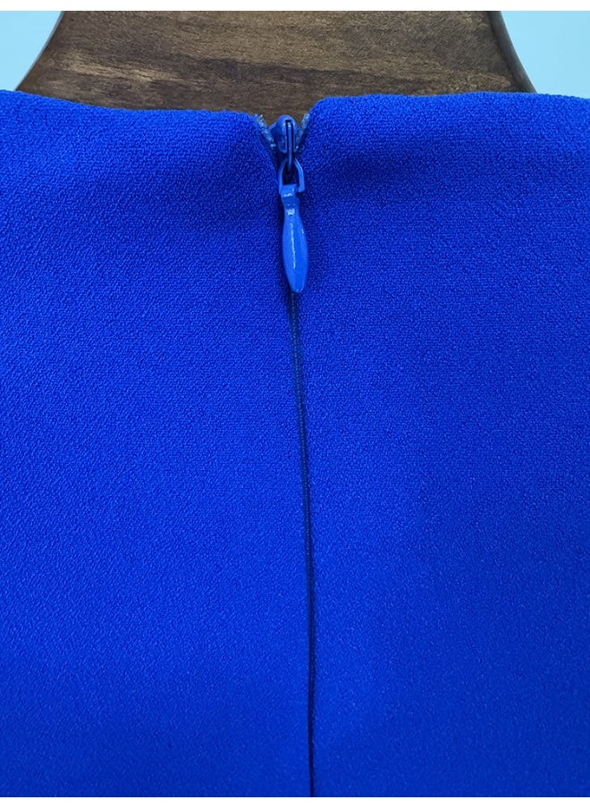 New Blue Beaded Rhinestone Embellished Knee-Length V-Neck Dress with Half Sleeves