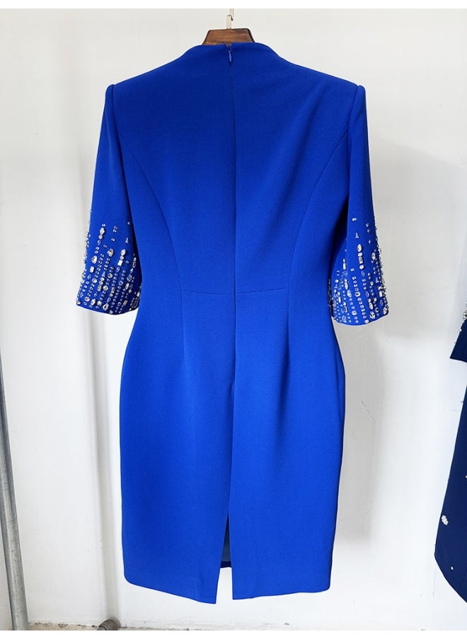 New Blue Beaded Rhinestone Embellished Knee-Length V-Neck Dress with Half Sleeves