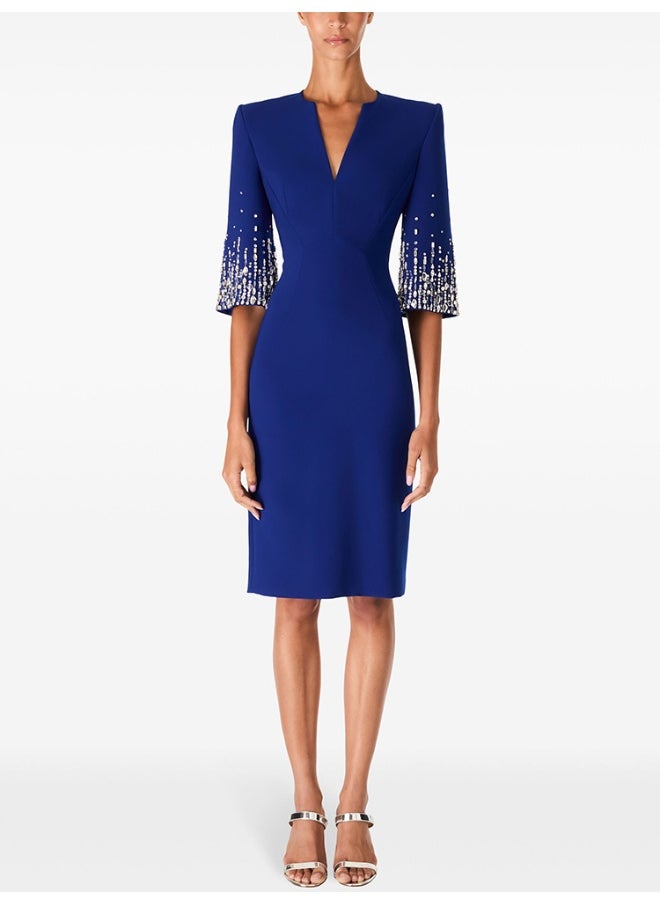 New Blue Beaded Rhinestone Embellished Knee-Length V-Neck Dress with Half Sleeves