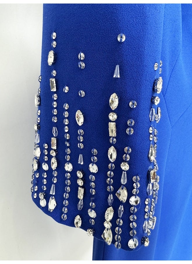 New Blue Beaded Rhinestone Embellished Knee-Length V-Neck Dress with Half Sleeves