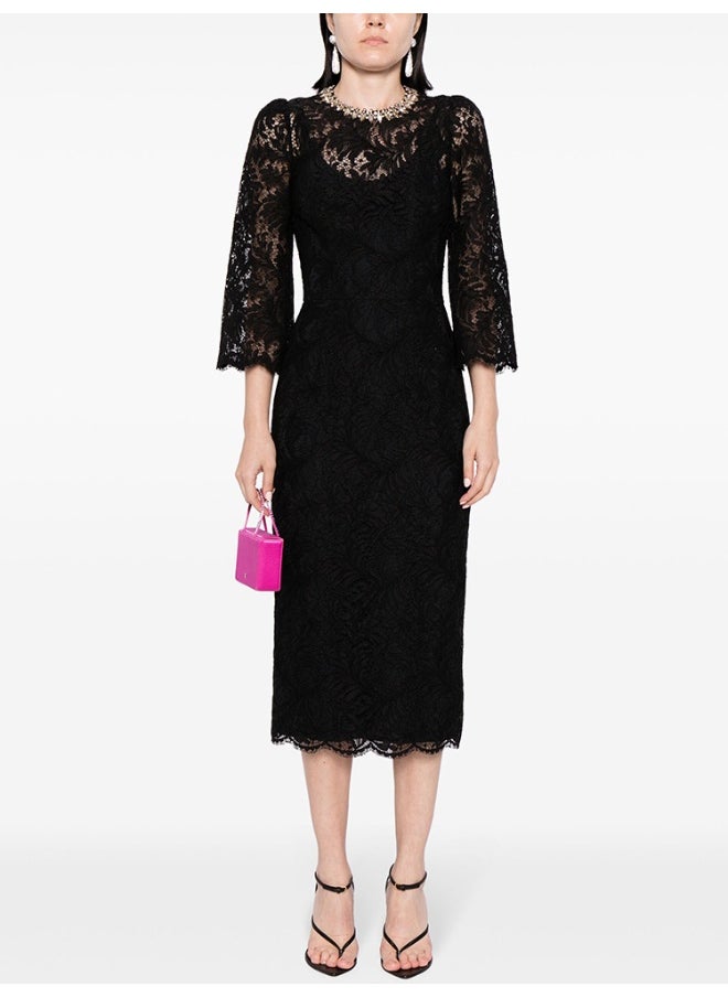 Black Fashion Beaded Rhinestone Long Sleeve Bodycon Water Soluble Lace Dress