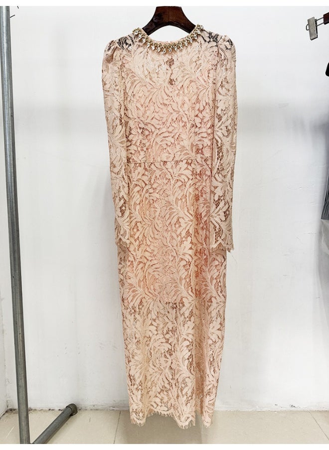 Nude Fashion Beaded Rhinestone Long Sleeve Slim Fit Water Soluble Lace Dress