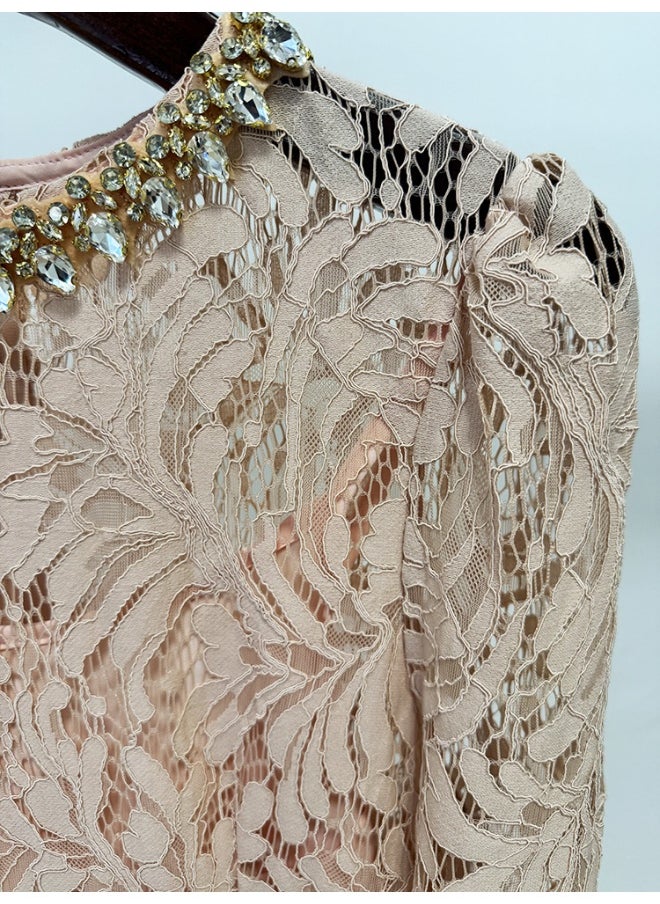 Nude Fashion Beaded Rhinestone Long Sleeve Slim Fit Water Soluble Lace Dress
