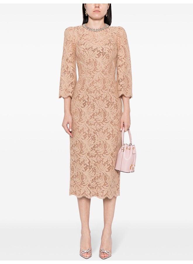 Nude Fashion Beaded Rhinestone Long Sleeve Slim Fit Water Soluble Lace Dress