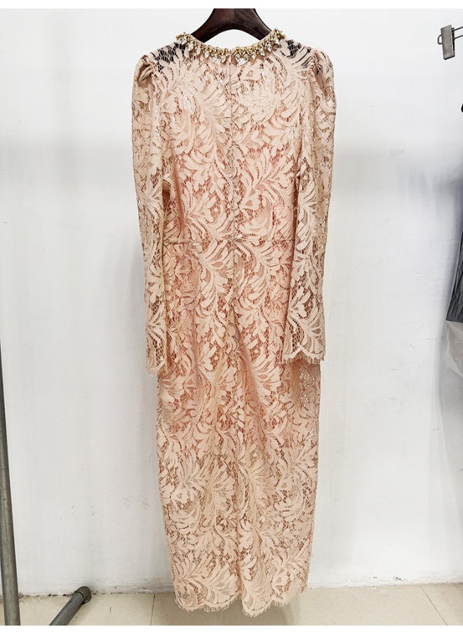 Nude Fashion Beaded Rhinestone Long Sleeve Slim Fit Water Soluble Lace Dress