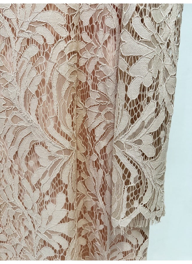 Nude Fashion Beaded Rhinestone Long Sleeve Slim Fit Water Soluble Lace Dress