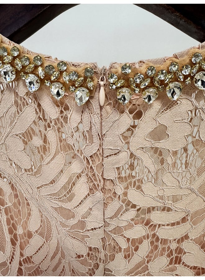 Nude Fashion Beaded Rhinestone Long Sleeve Slim Fit Water Soluble Lace Dress
