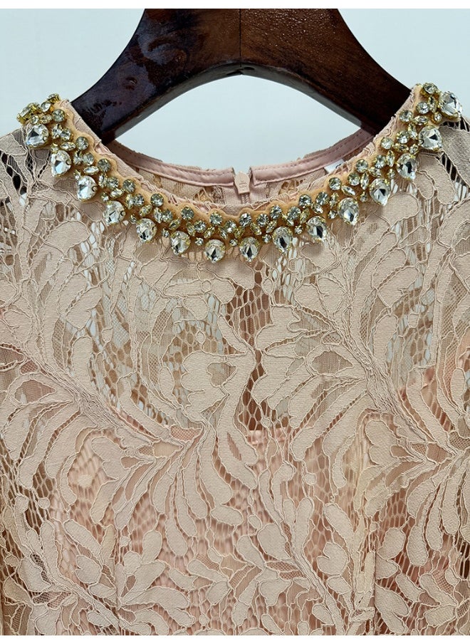 Nude Fashion Beaded Rhinestone Long Sleeve Slim Fit Water Soluble Lace Dress