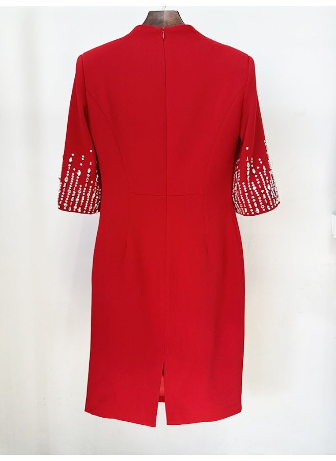 New Embellished Beaded Knee-Length V-Neck Dress with Short Sleeves - Elegant Cocktail Gown