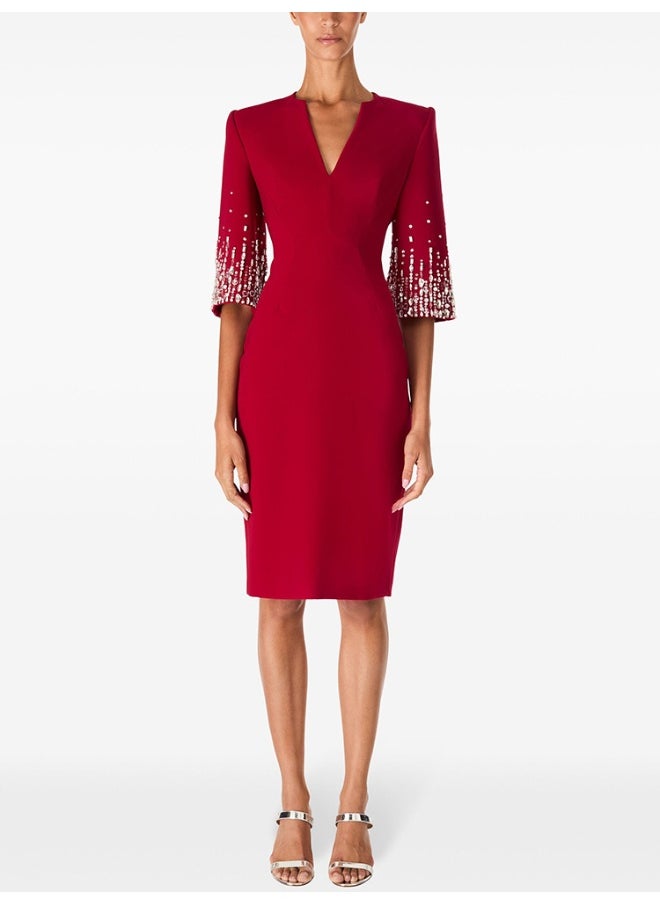 New Embellished Beaded Knee-Length V-Neck Dress with Short Sleeves - Elegant Cocktail Gown