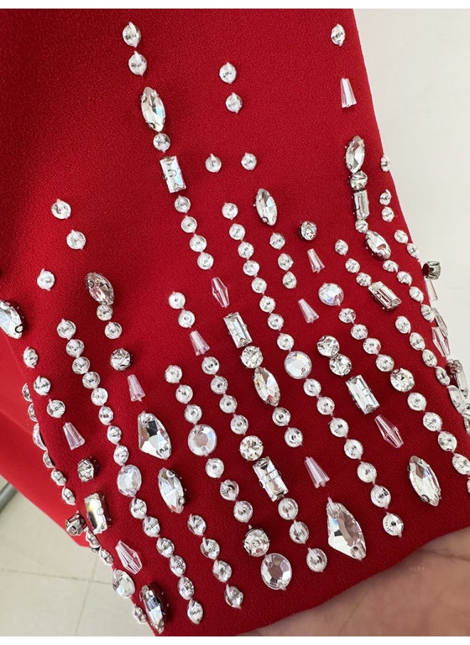 New Embellished Beaded Knee-Length V-Neck Dress with Short Sleeves - Elegant Cocktail Gown