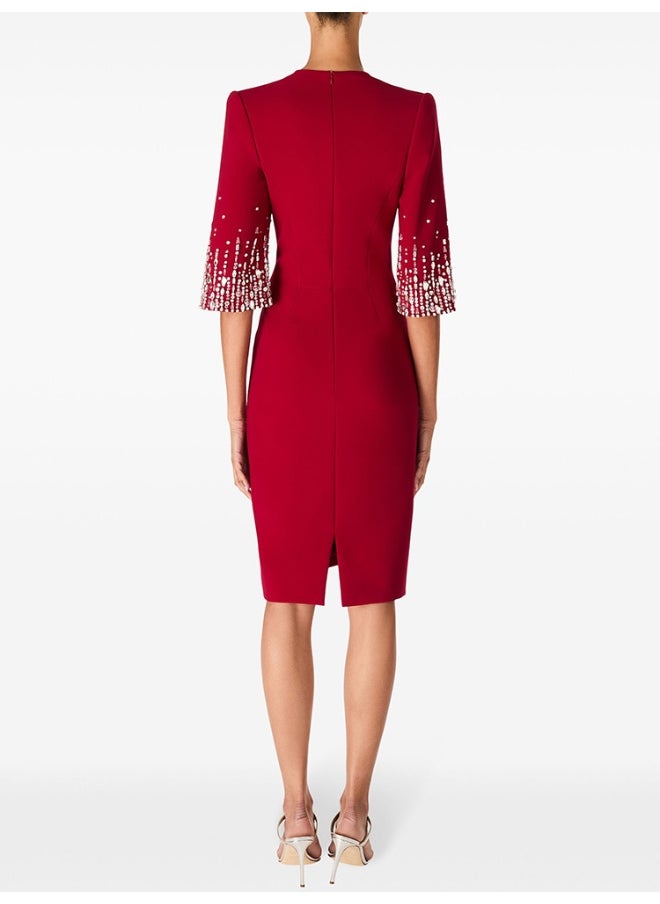 New Embellished Beaded Knee-Length V-Neck Dress with Short Sleeves - Elegant Cocktail Gown