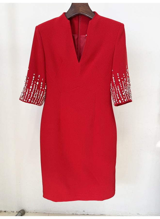 New Embellished Beaded Knee-Length V-Neck Dress with Short Sleeves - Elegant Cocktail Gown