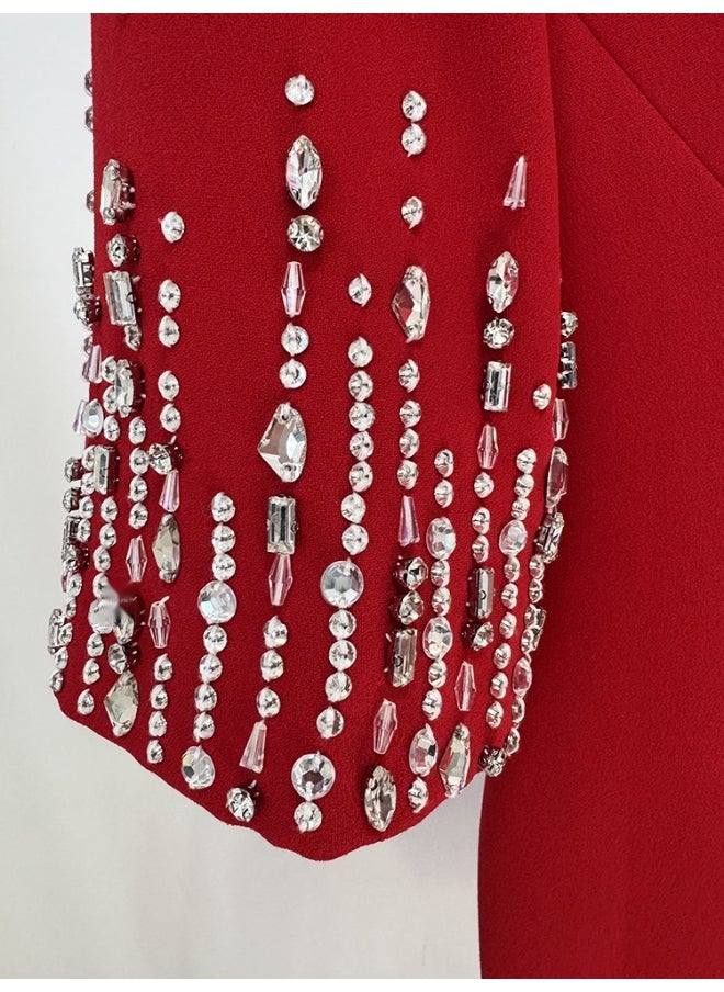 New Embellished Beaded Knee-Length V-Neck Dress with Short Sleeves - Elegant Cocktail Gown