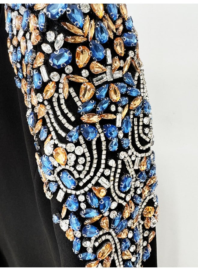 Fashionable Long Sleeve Mid-Length Dress with Beading and Rhinestone Embellishments