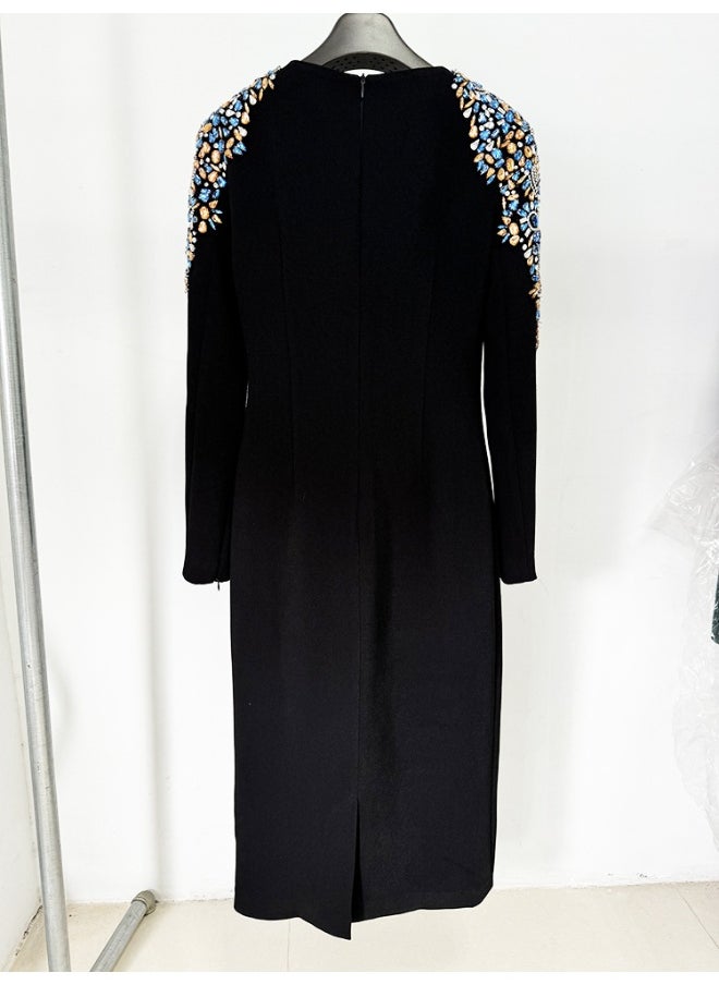 Fashionable Long Sleeve Mid-Length Dress with Beading and Rhinestone Embellishments