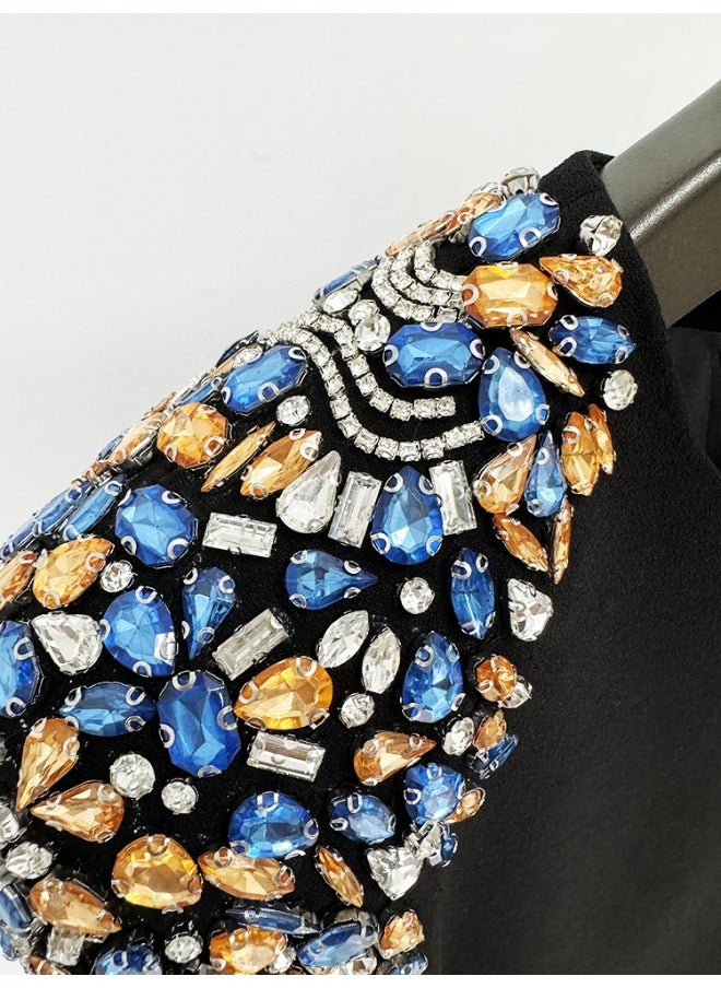 Fashionable Long Sleeve Mid-Length Dress with Beading and Rhinestone Embellishments