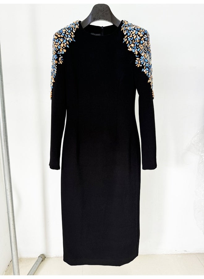 Fashionable Long Sleeve Mid-Length Dress with Beading and Rhinestone Embellishments