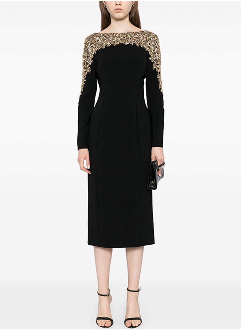 Fashionable Long Sleeve Mid-Length Dress with Beading and Rhinestone Embellishments