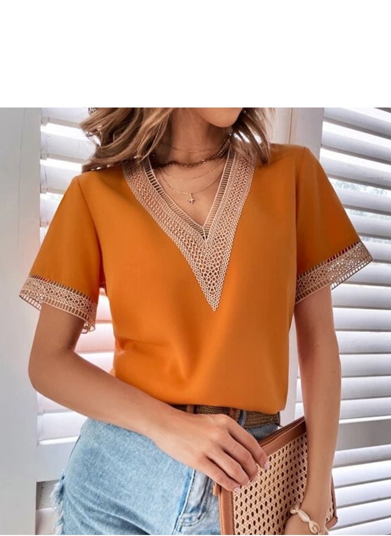 Short Sleeved V-neck Casual Ssolid Color Shirt For Women