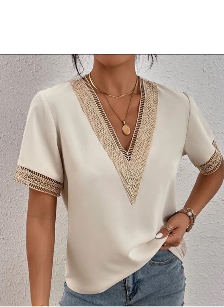 Short Sleeved V-neck Casual Ssolid Color Shirt For Women