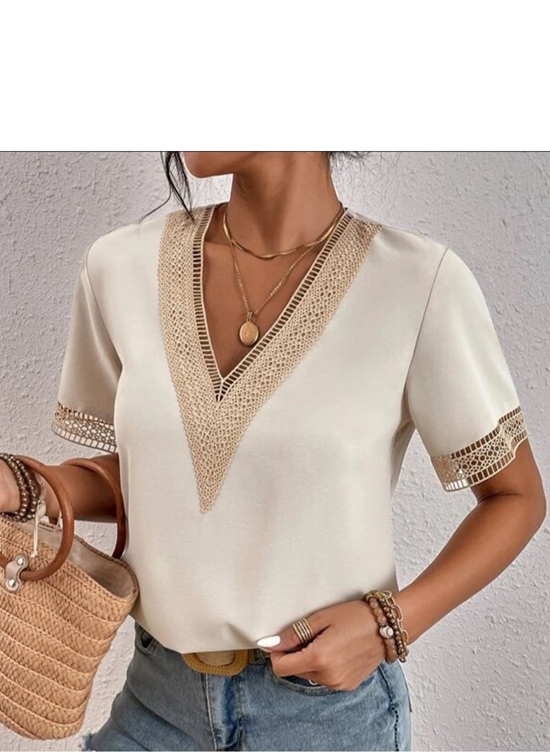 Short Sleeved V-neck Casual Ssolid Color Shirt For Women