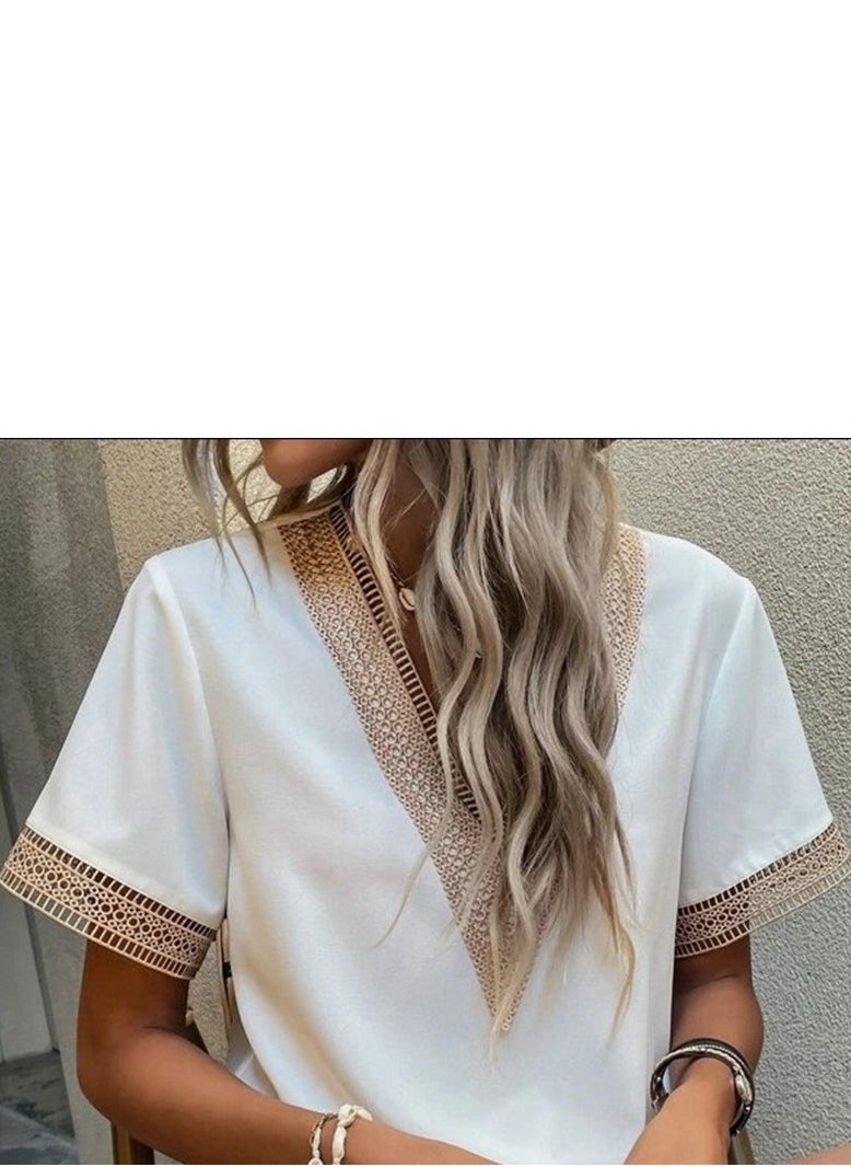 Short Sleeved V-neck Casual Ssolid Color Shirt For Women